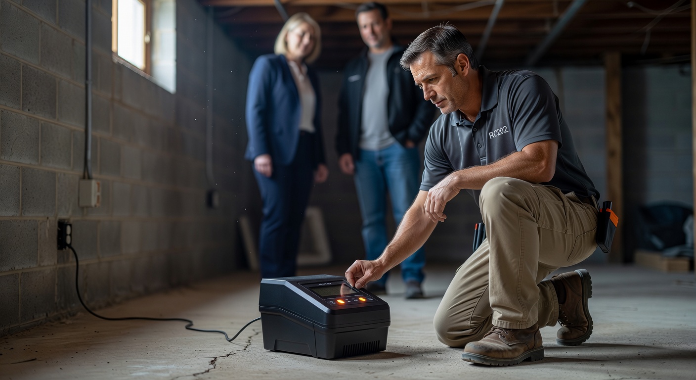 continuous radon monitor device on basement floor