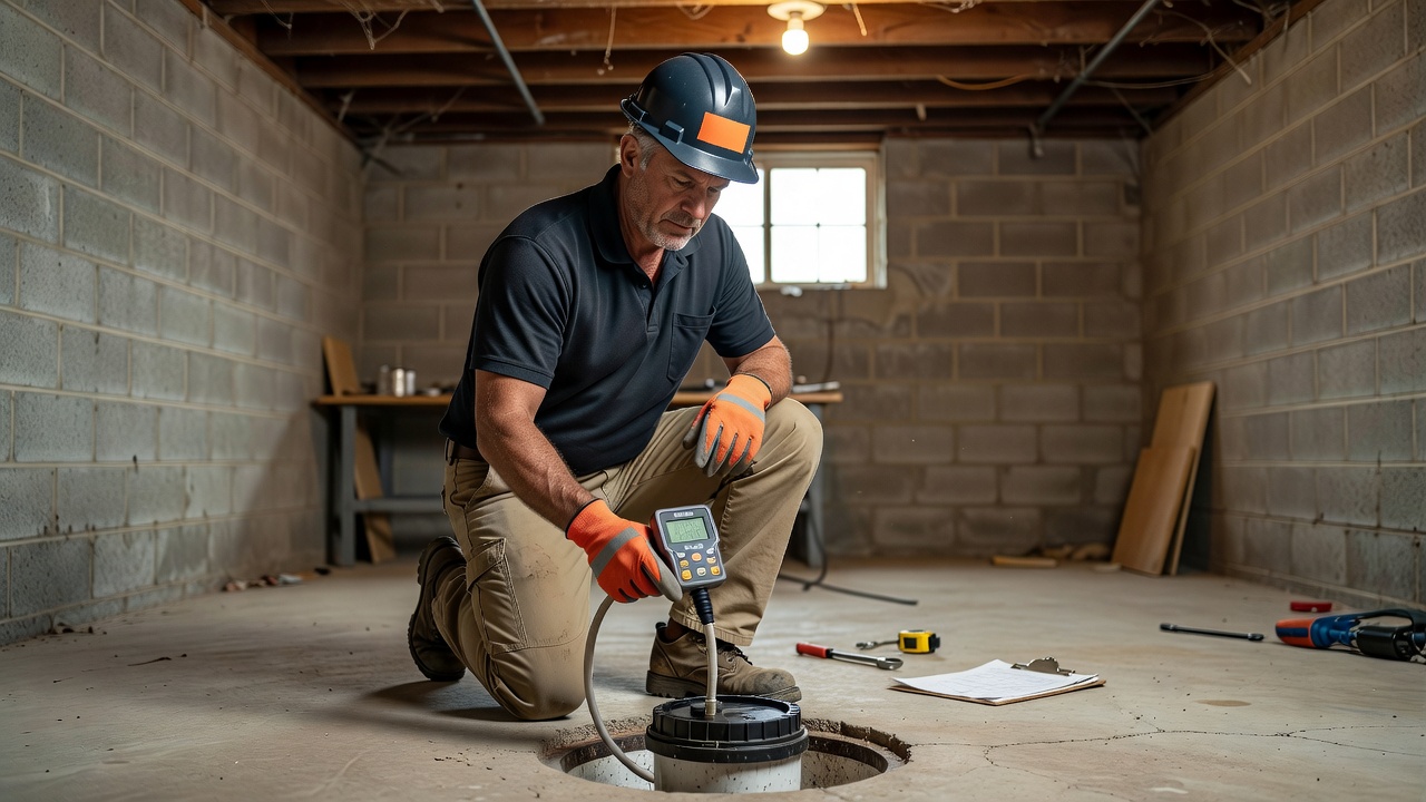 radon mitigation technician inspecting basement sump pump