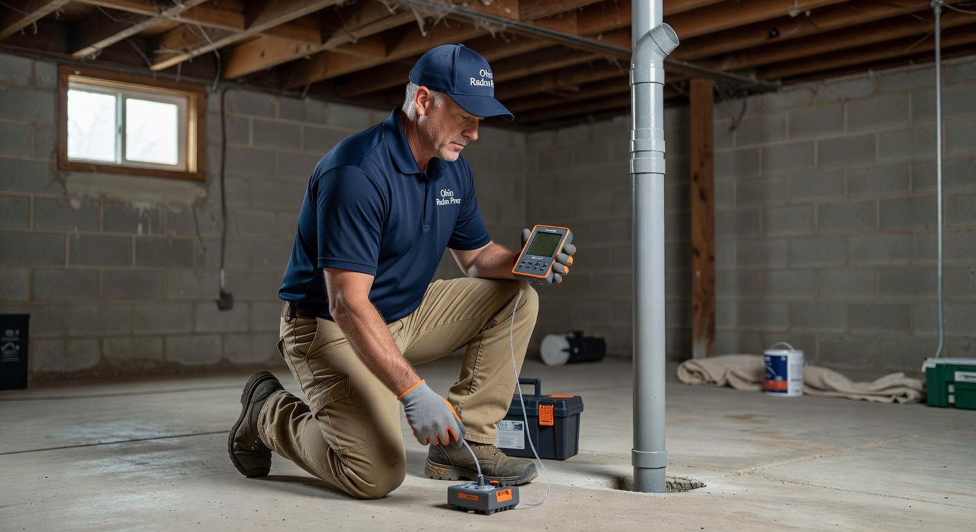 professional radon technician testing equipment basement