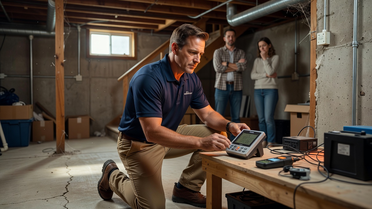Ohio radon professional with monitor in basement