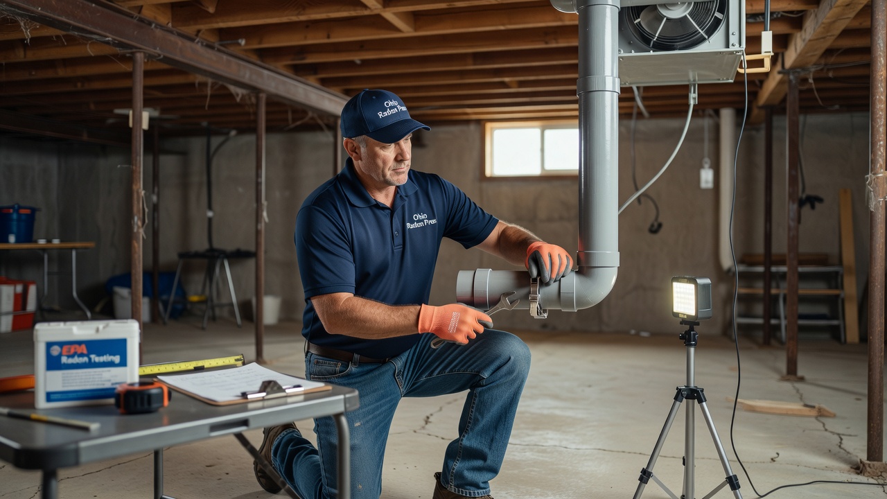 radon technician installing PVC vent pipe Ohio basement