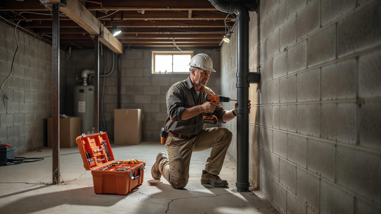 radon technician installing mitigation pipe Ohio basement