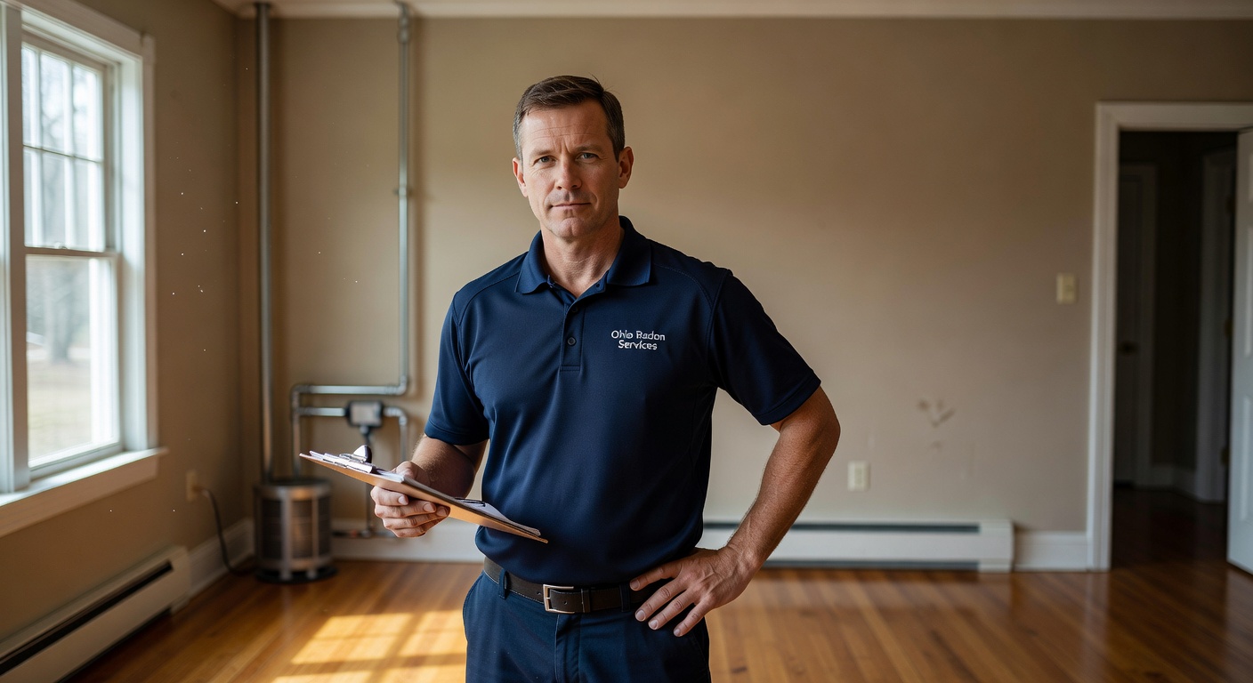 radon professional technician with clipboard Ohio home