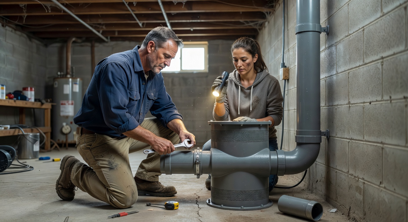 radon mitigation fan and PVC vent pipe installation basement