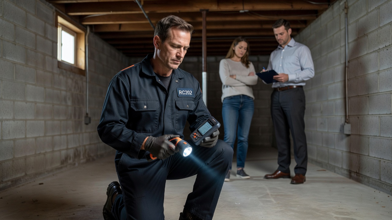 radon mitigation technician inspecting basement Ohio home