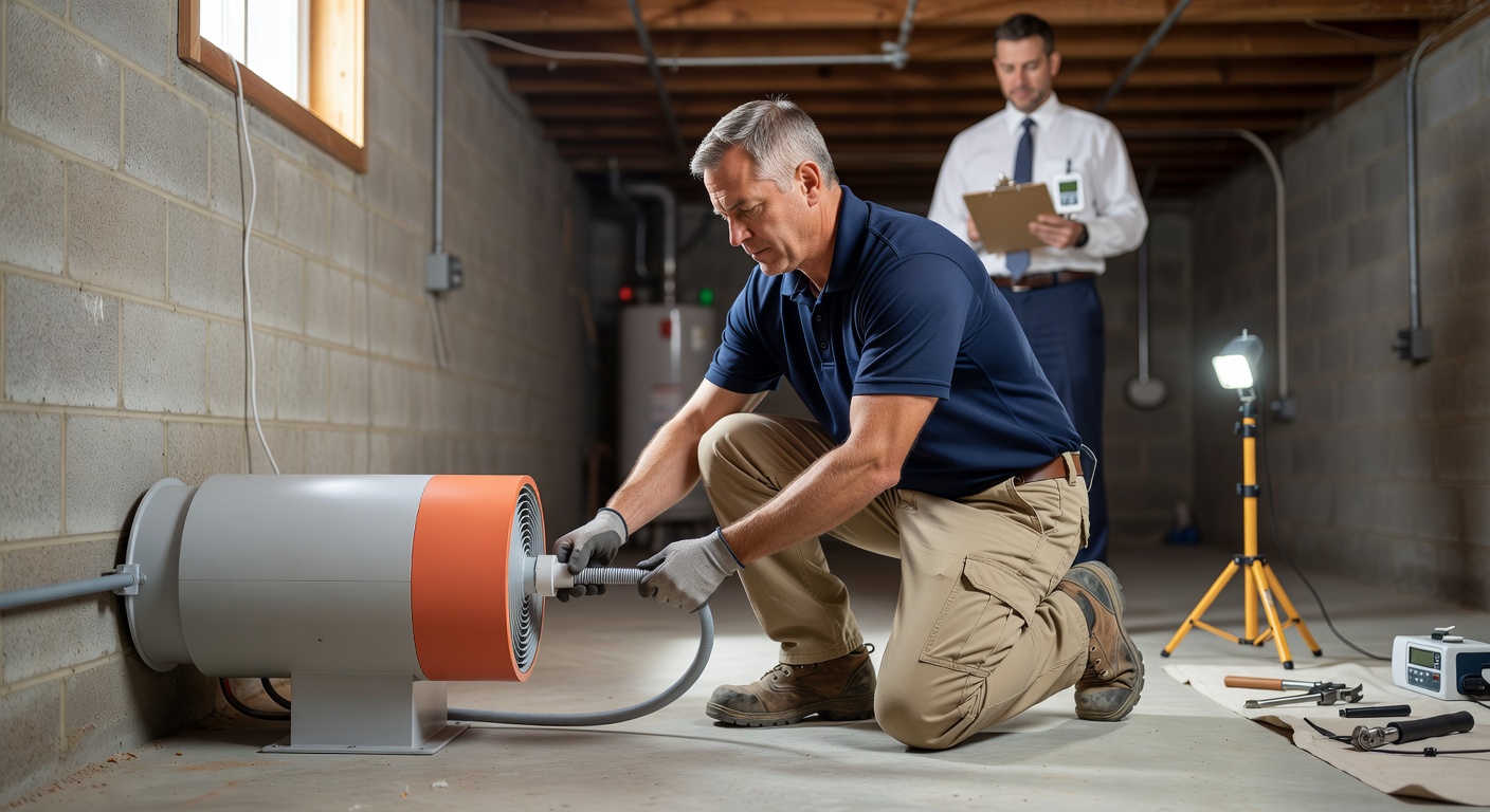 radon mitigation technician installing system basement