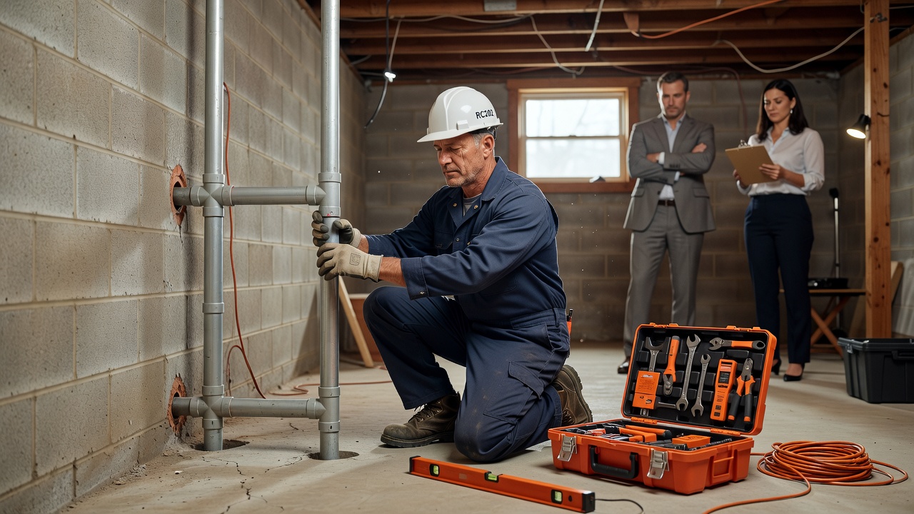 radon mitigation technician installing system basement