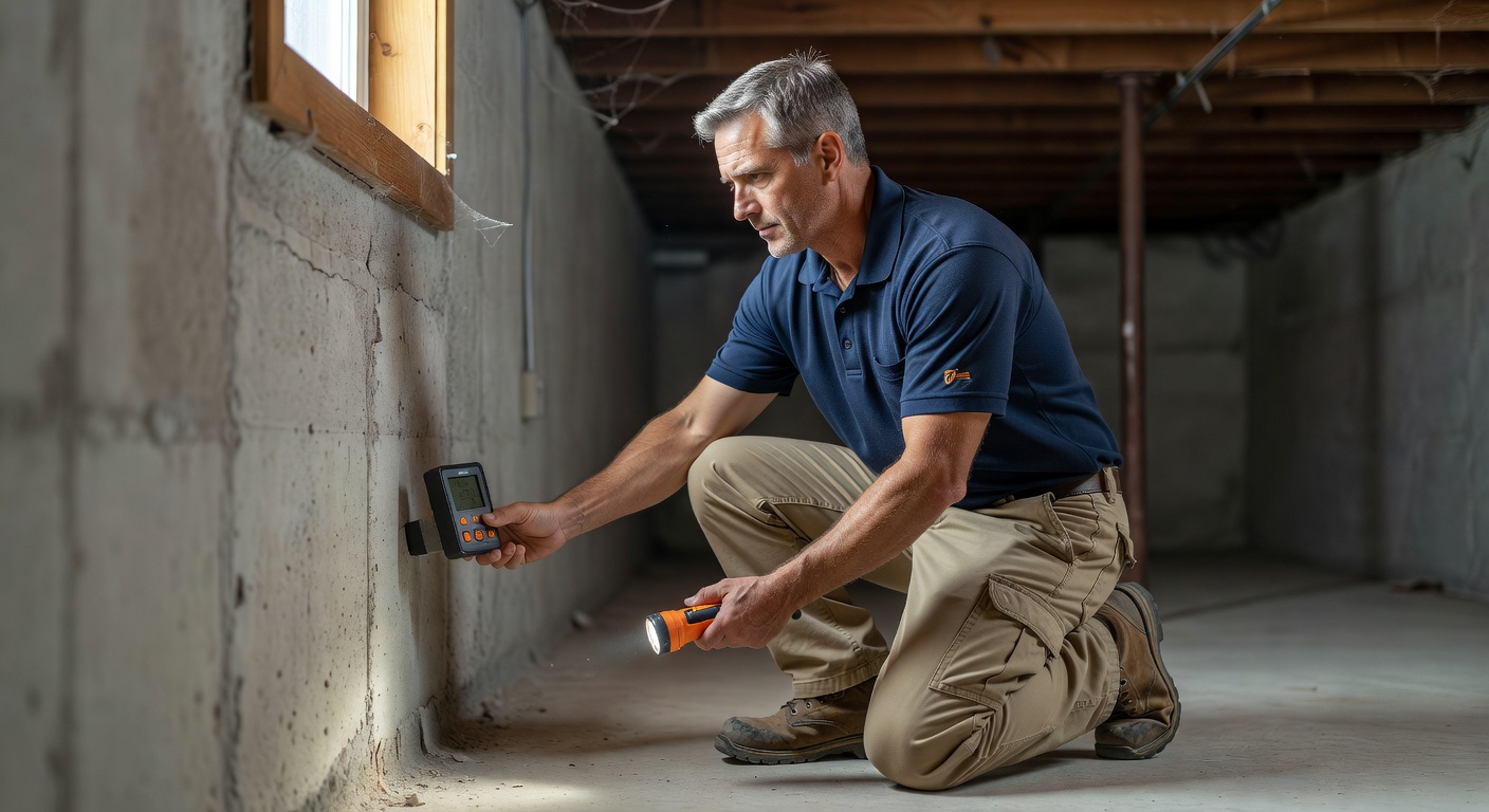 radon mitigation technician inspecting basement foundation