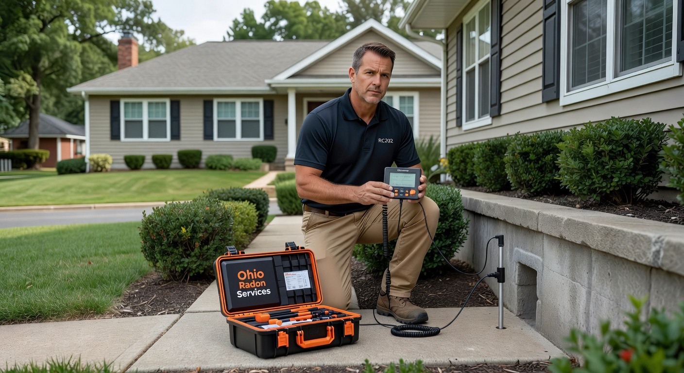 Ohio licensed radon professional with testing equipment outside suburban home