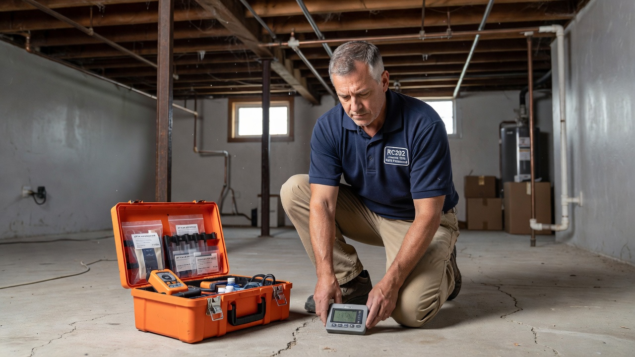 radon testing technician inspecting Ohio home basement
