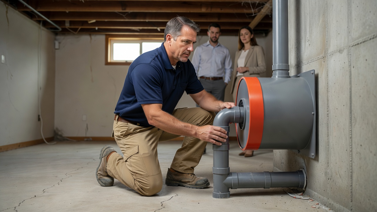 radon mitigation technician installing fan system Ohio