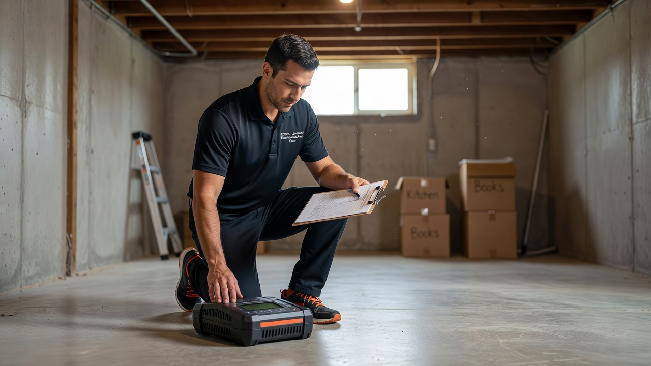 continuous radon monitor on basement floor with technician clipboard