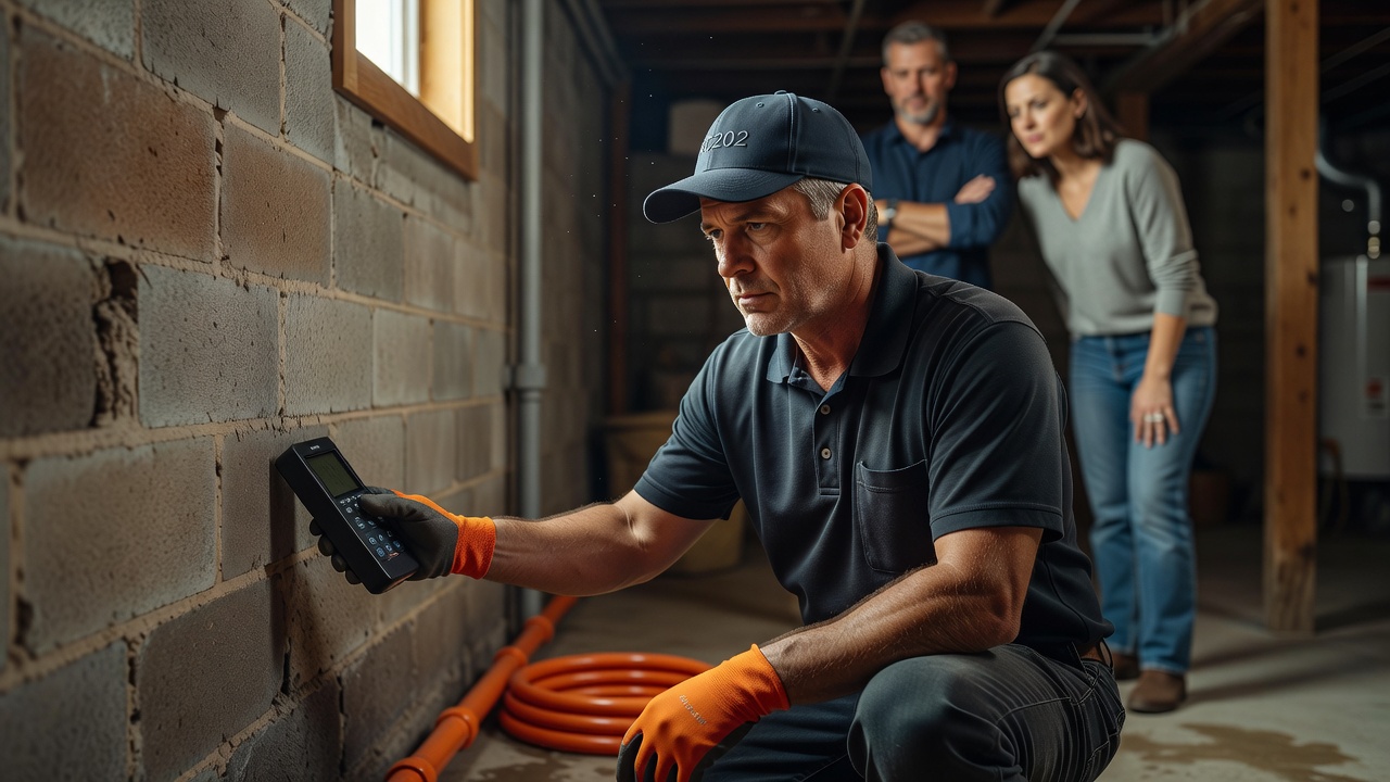 radon mitigation technician inspecting basement foundation
