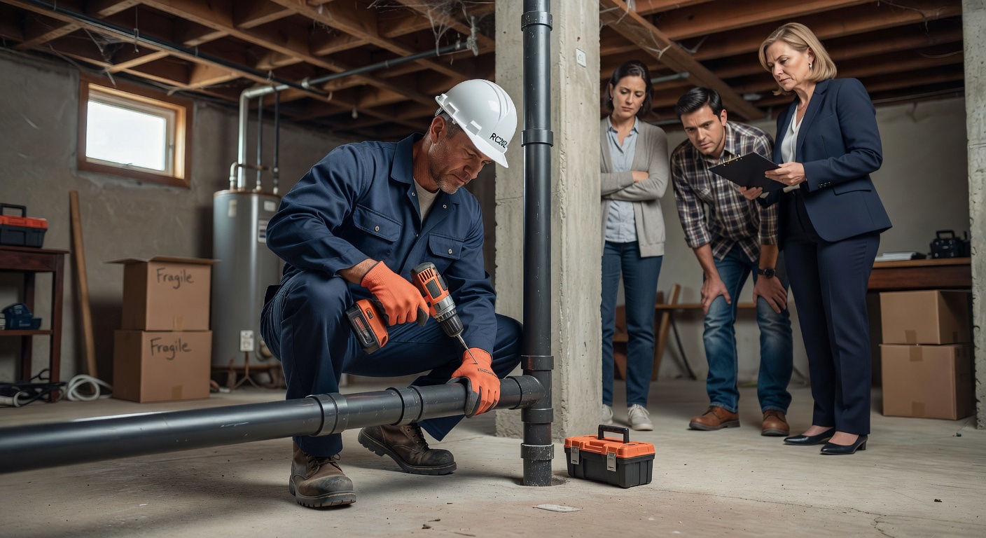 radon mitigation technician installing system basement