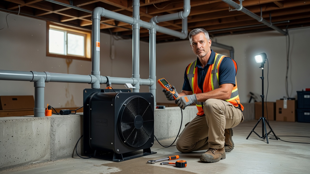 radon mitigation fan and pipe basement installation
