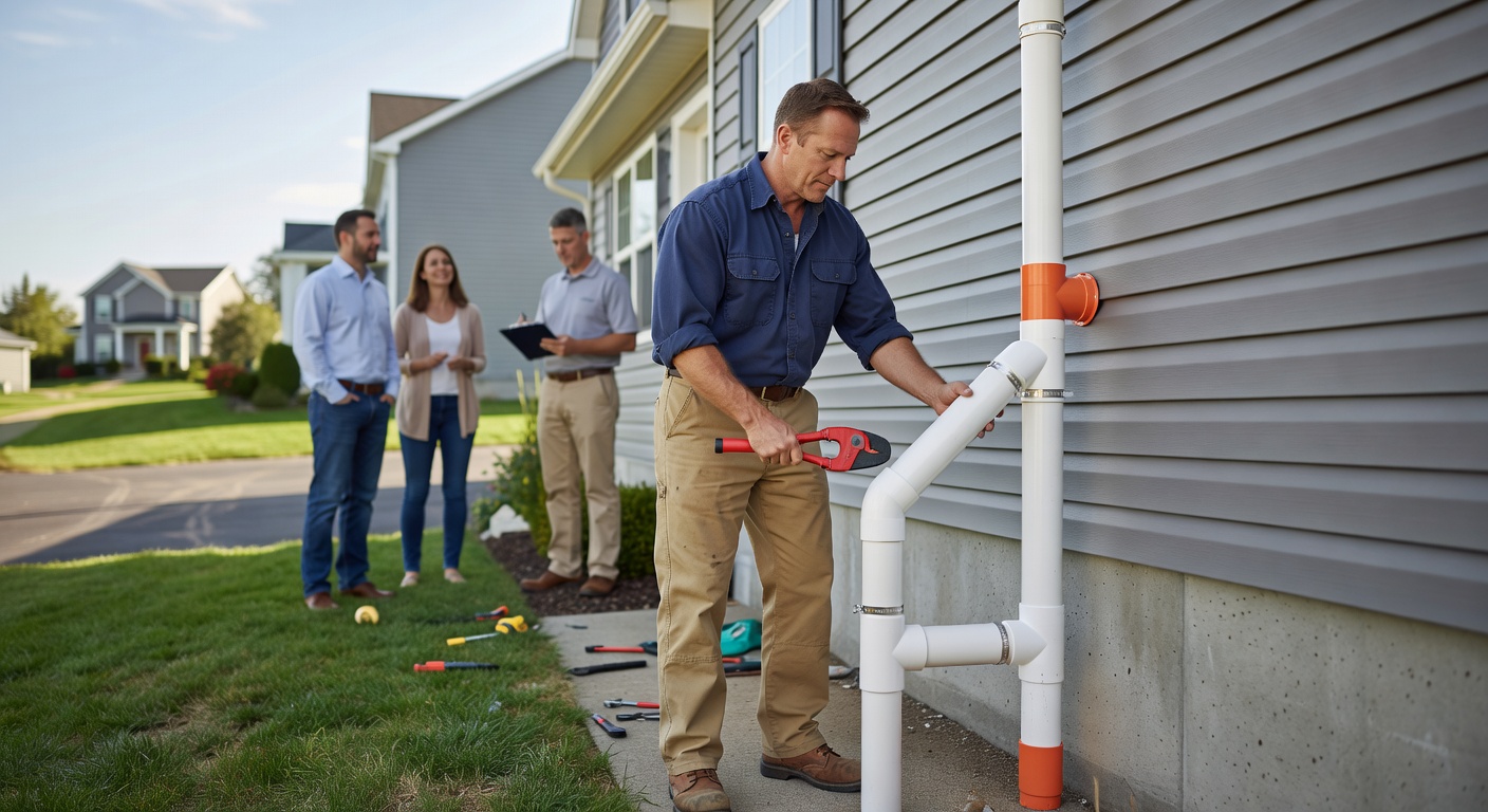 radon mitigation technician installing PVC pipe system Ohio home exterior
