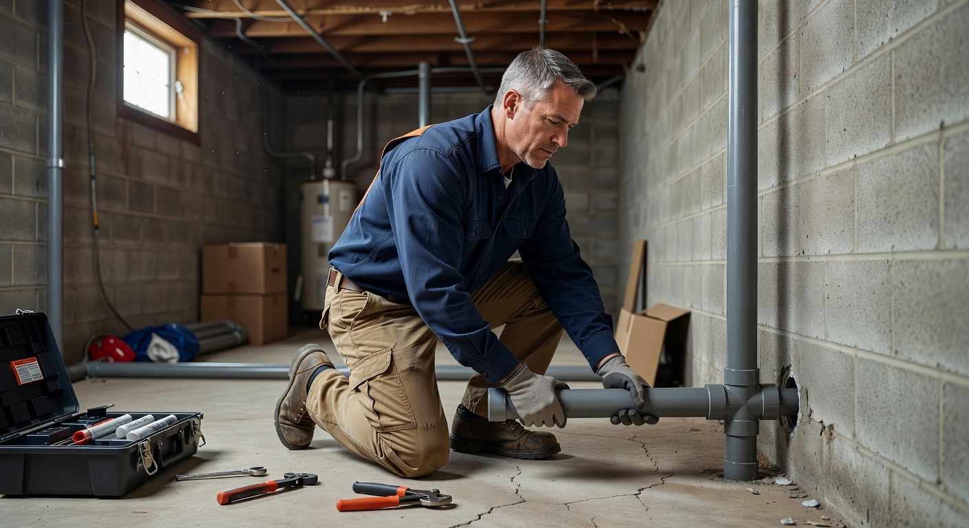 radon mitigation technician installing PVC pipe in Ohio basement