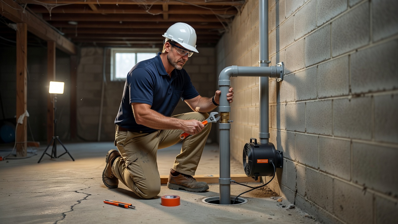 licensed radon technician installing mitigation system in Ohio basement