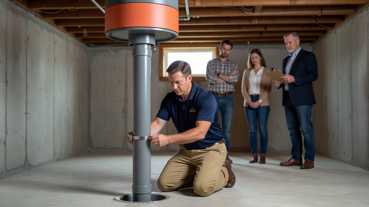 radon mitigation PVC pipe fan installation basement