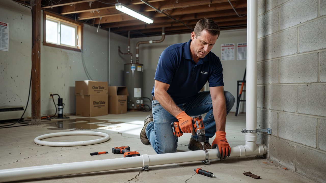 radon mitigation technician installing PVC pipe in Ohio basement
