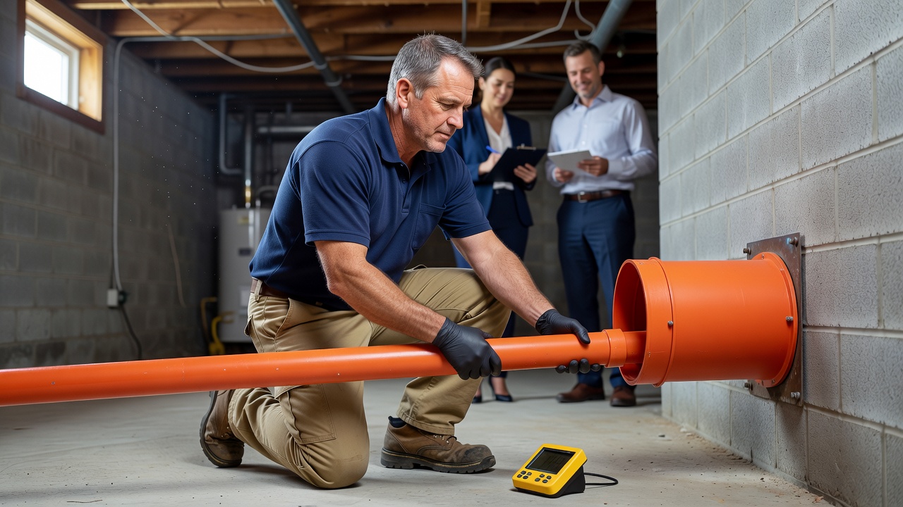 radon technician installing mitigation fan Ohio