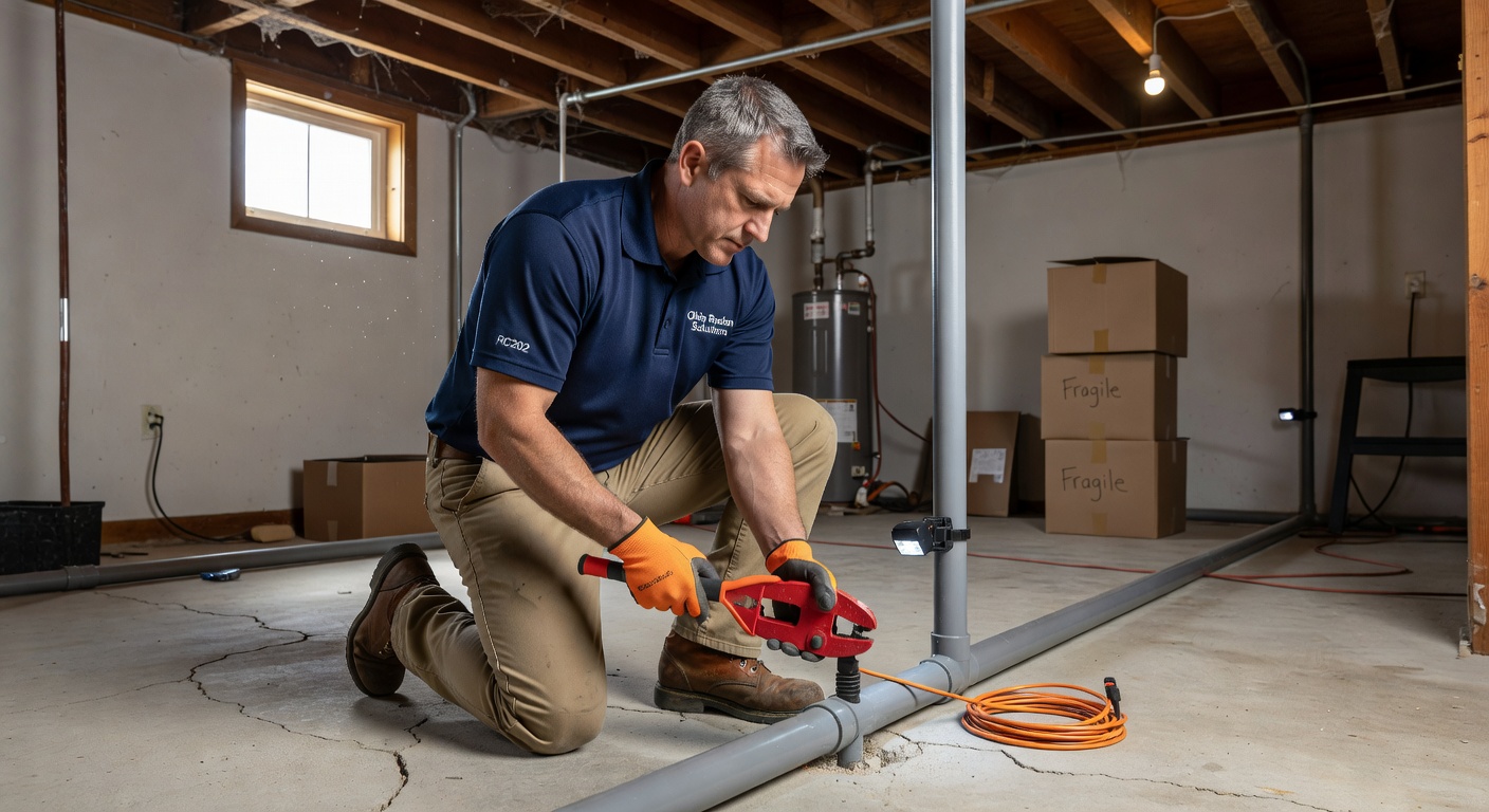 radon technician installing PVC pipe basement Ohio