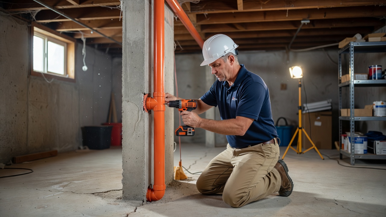 radon technician installing pvc pipe basement ohio