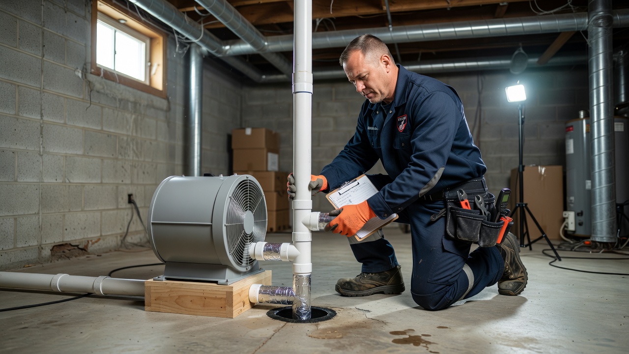 radon mitigation technician installing system basement
