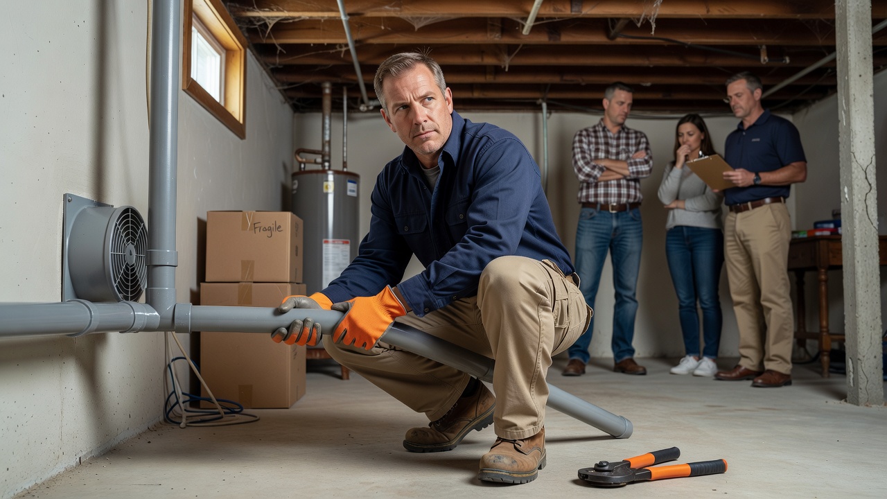 radon mitigation technician installing PVC pipe basement