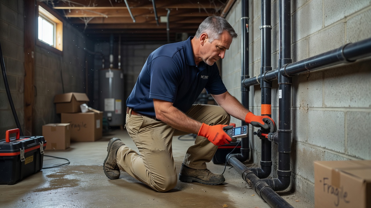 radon mitigation technician inspecting basement Ohio