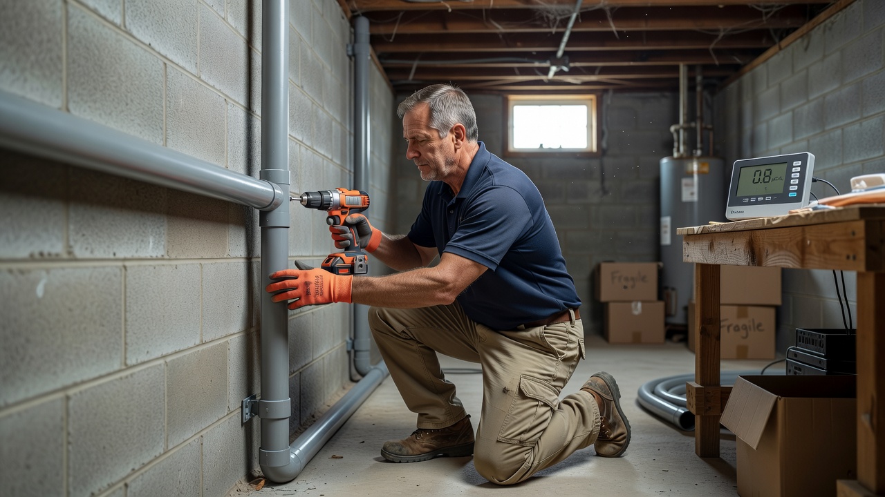 radon mitigation technician installing PVC pipe in basement