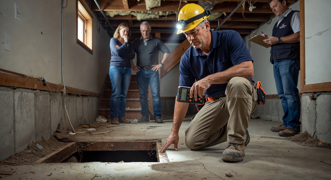 radon mitigation contractor inspecting basement crawl space