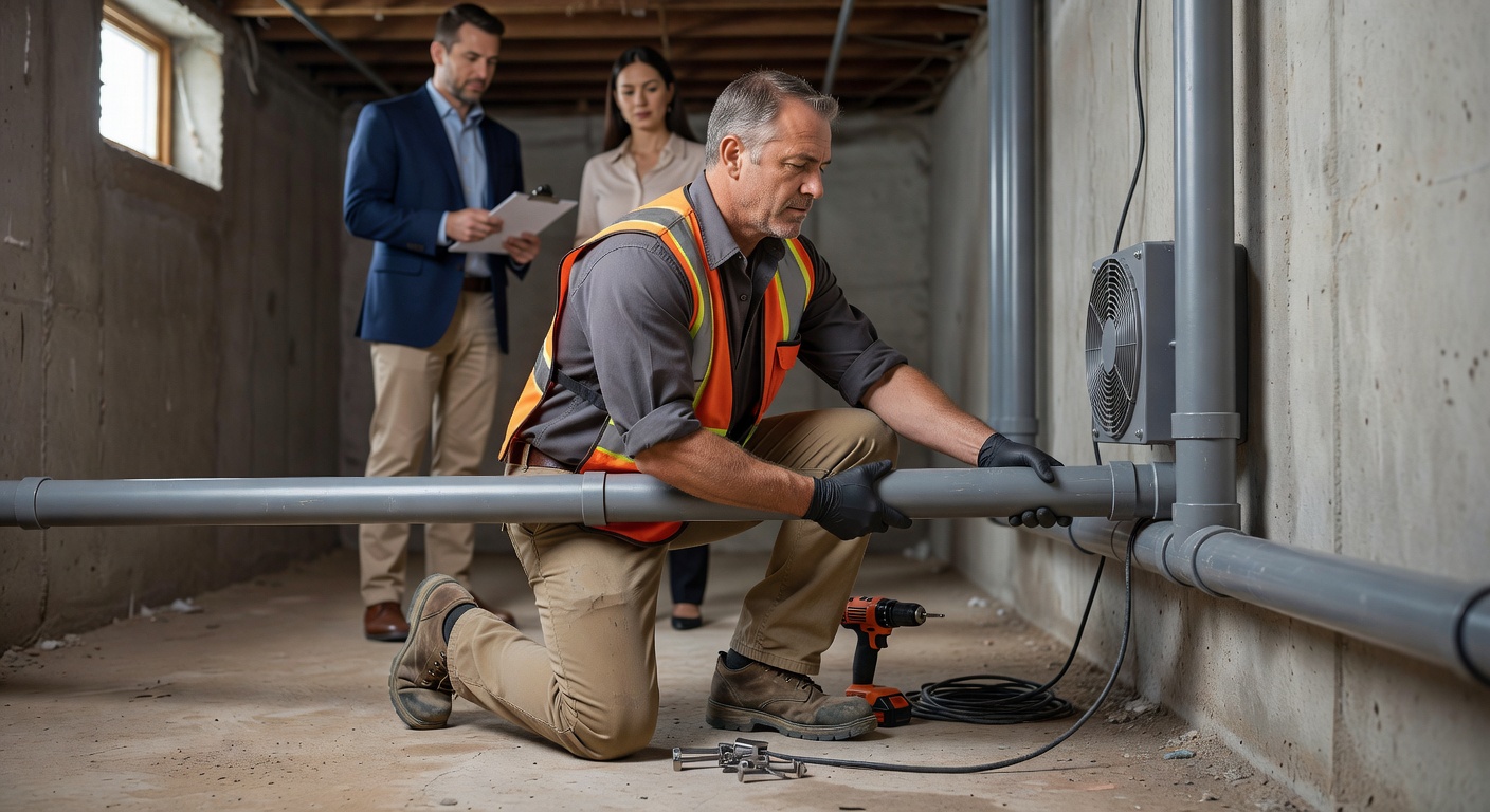 radon technician installing PVC mitigation pipe in basement
