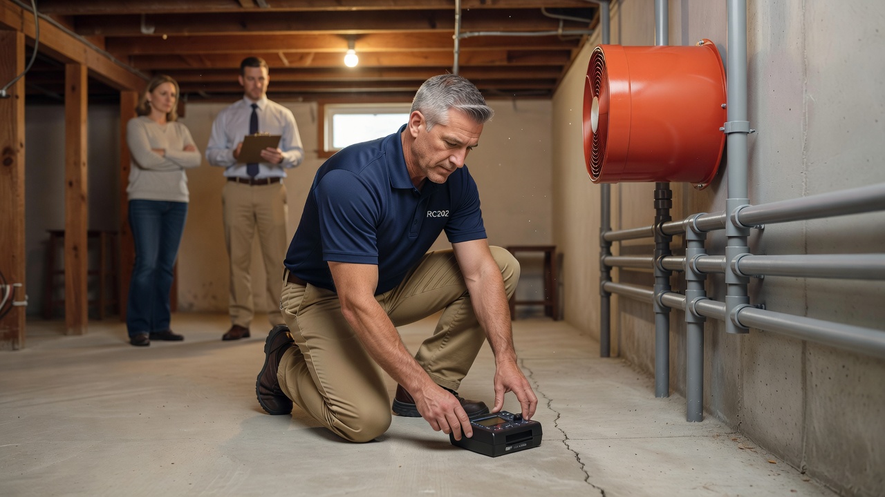 radon technician inspecting basement Ohio