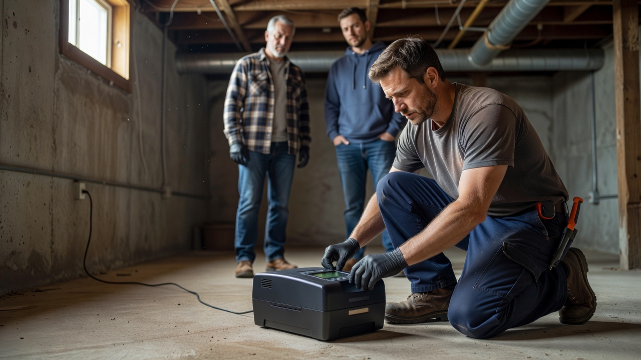 continuous radon monitor device on basement floor