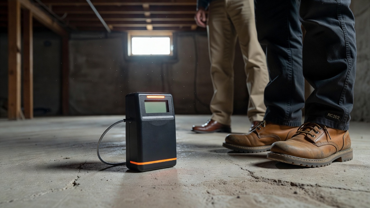 continuous radon monitor device on basement floor