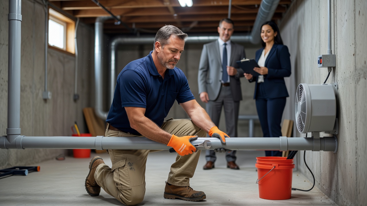 radon mitigation technician installing PVC vent pipe
