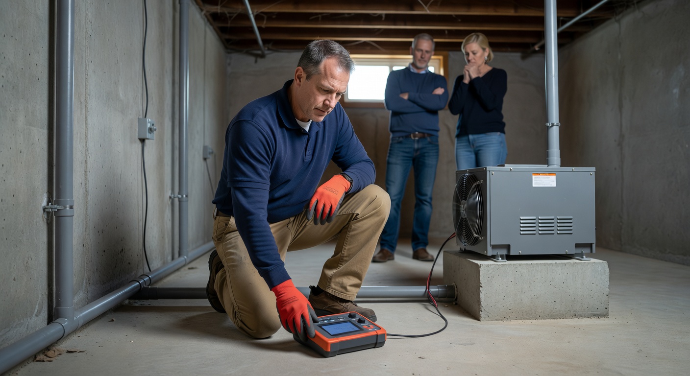 professional radon technician inspecting basement ohio home