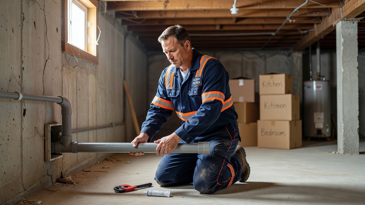 radon mitigation technician installing PVC pipe basement