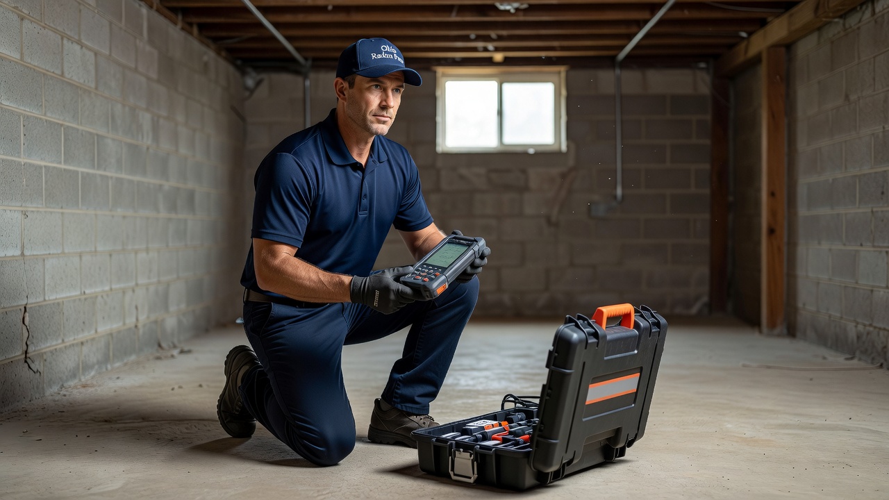 radon mitigation contractor inspecting basement Ohio