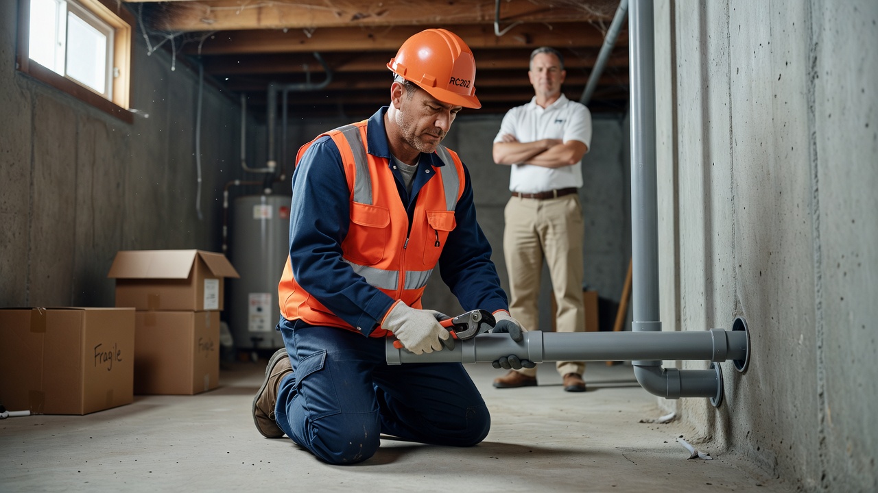 radon technician installing PVC pipe mitigation system