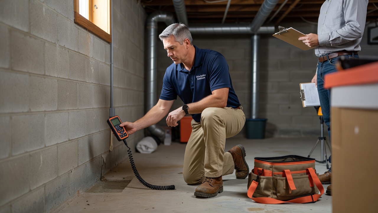 radon mitigation contractor inspecting home foundation Ohio