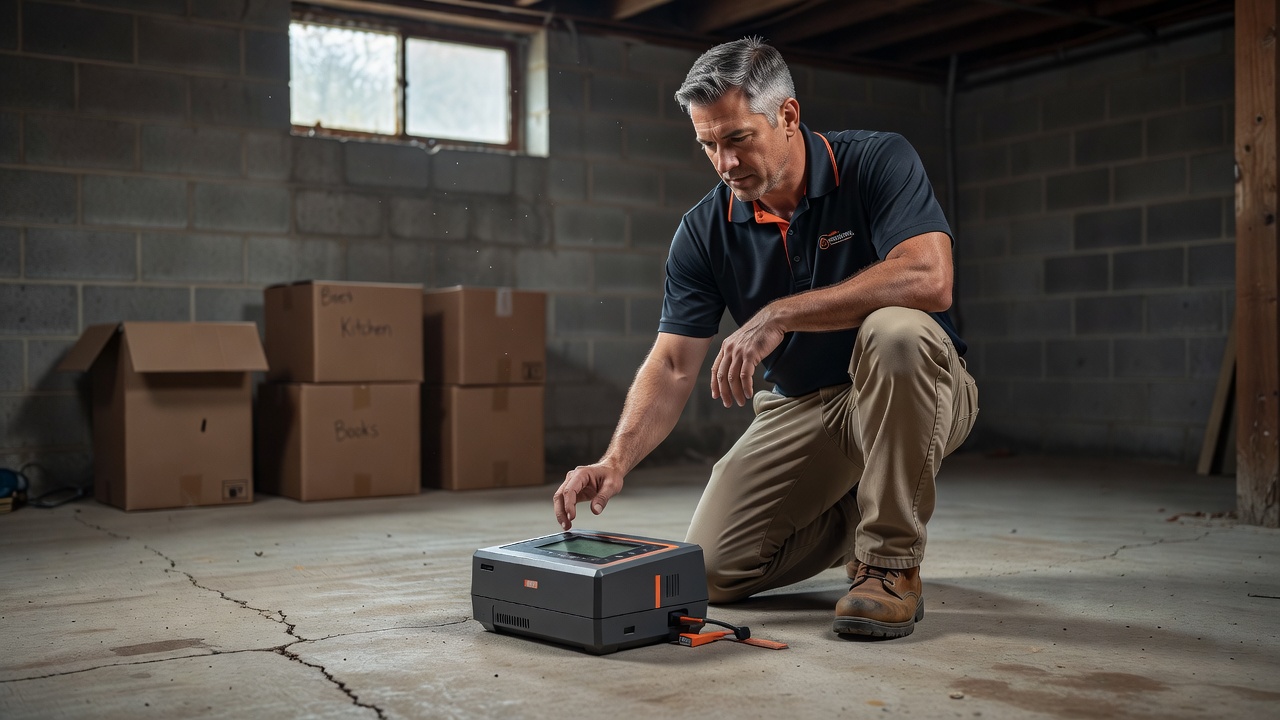 continuous radon monitor device on basement floor