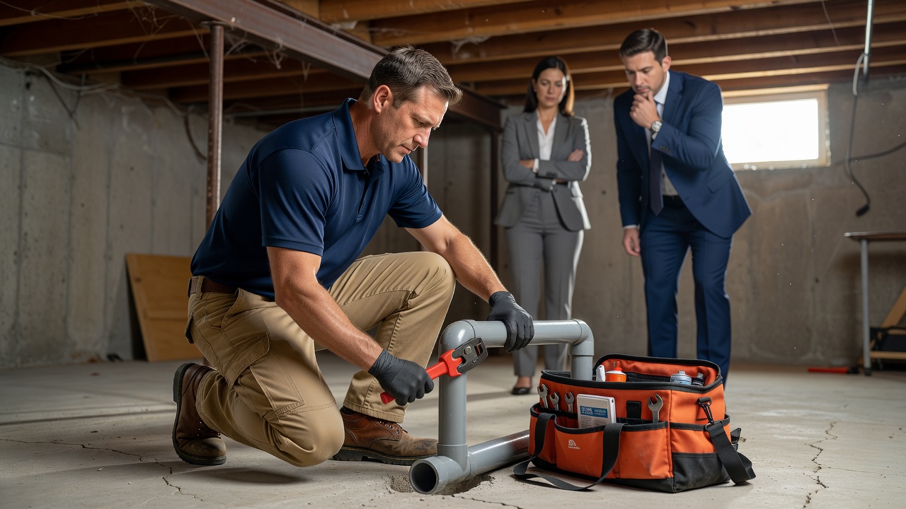 radon mitigation technician installing PVC pipe Ohio home