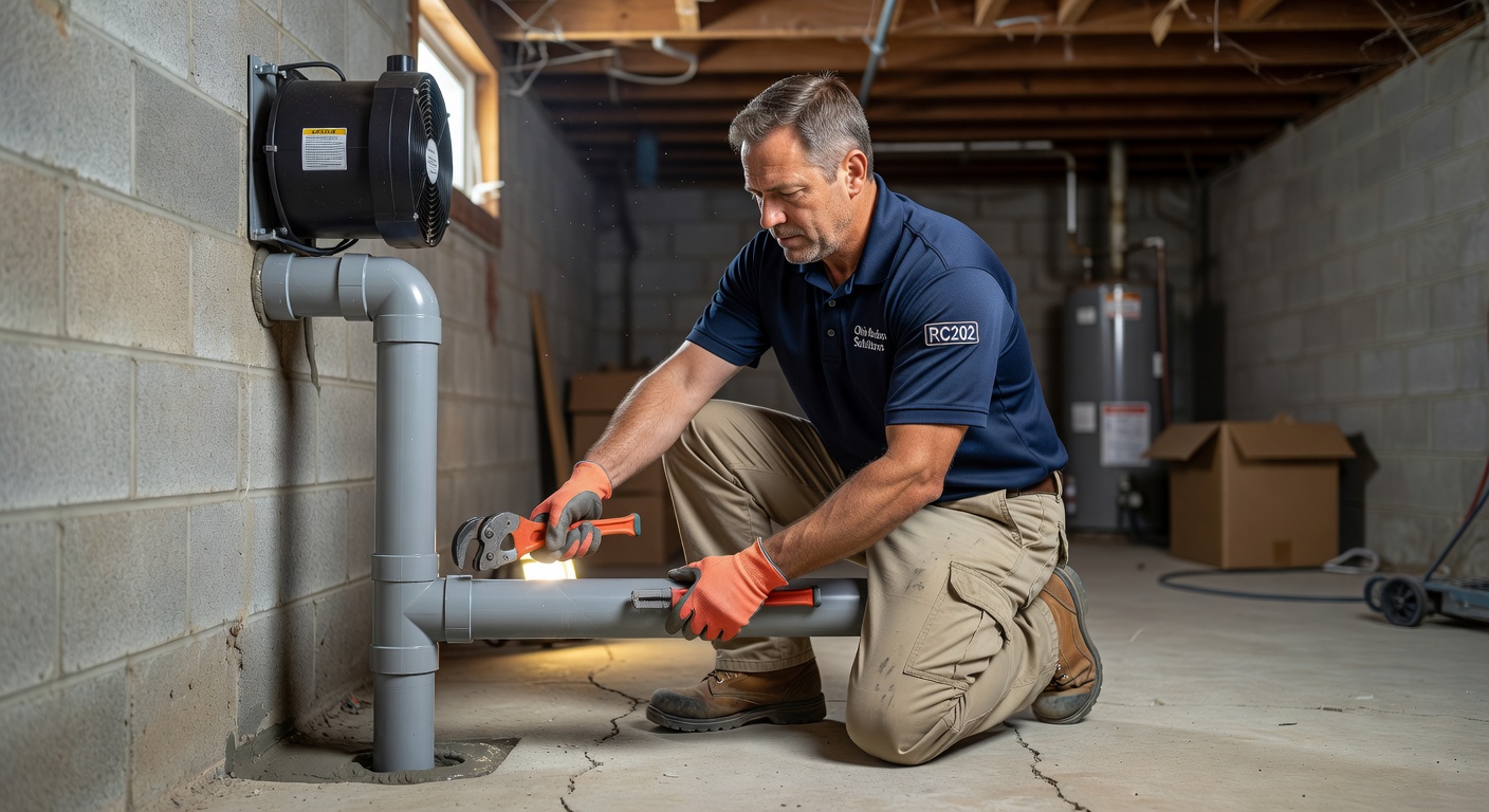 radon technician installing PVC pipe basement Ohio