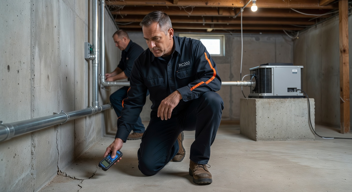 radon mitigation technician inspecting basement McKinley Heights Ohio