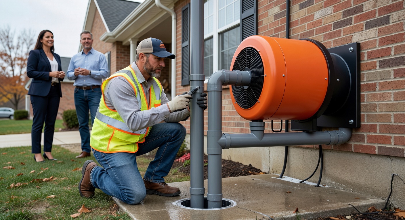 radon mitigation PVC pipe fan exterior home installation