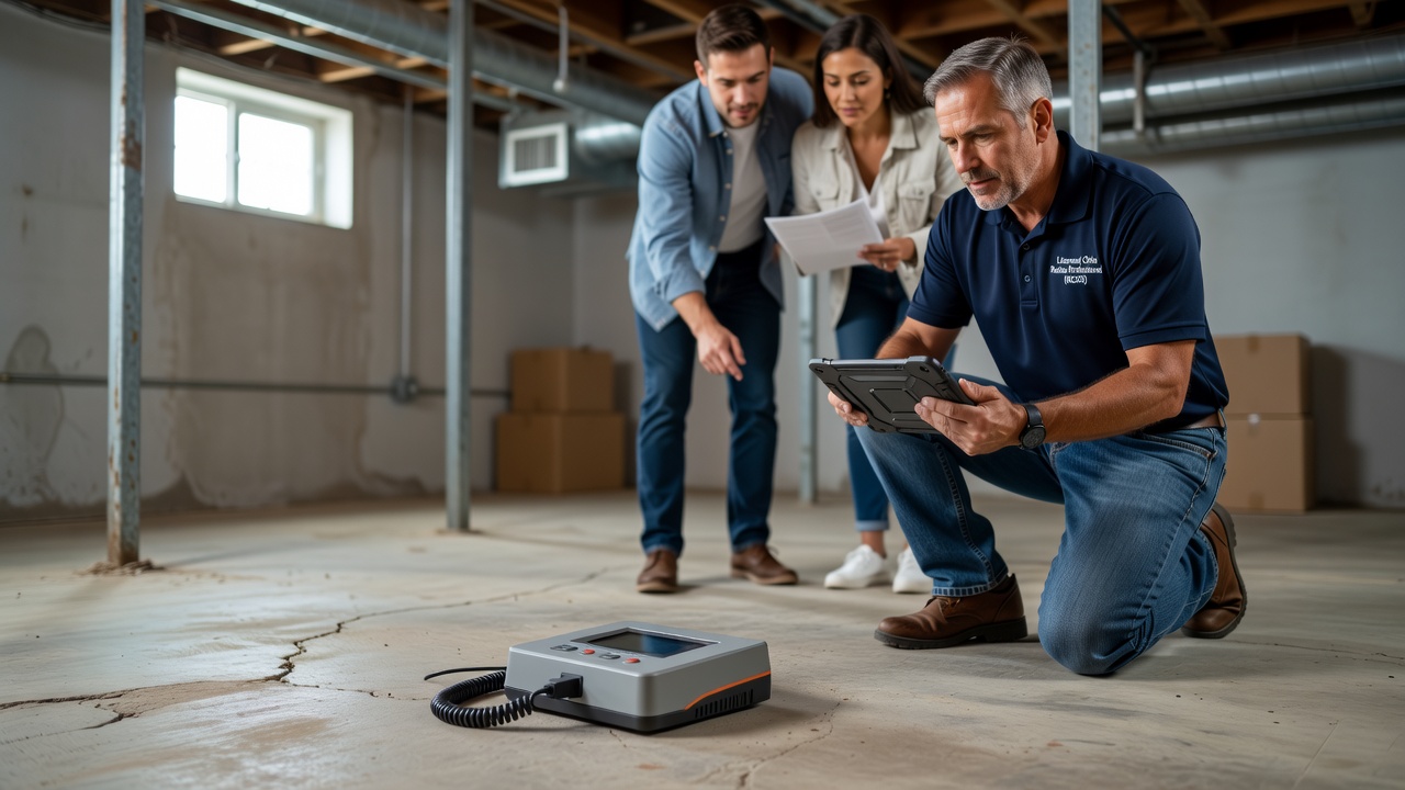 continuous radon monitor device on basement floor
