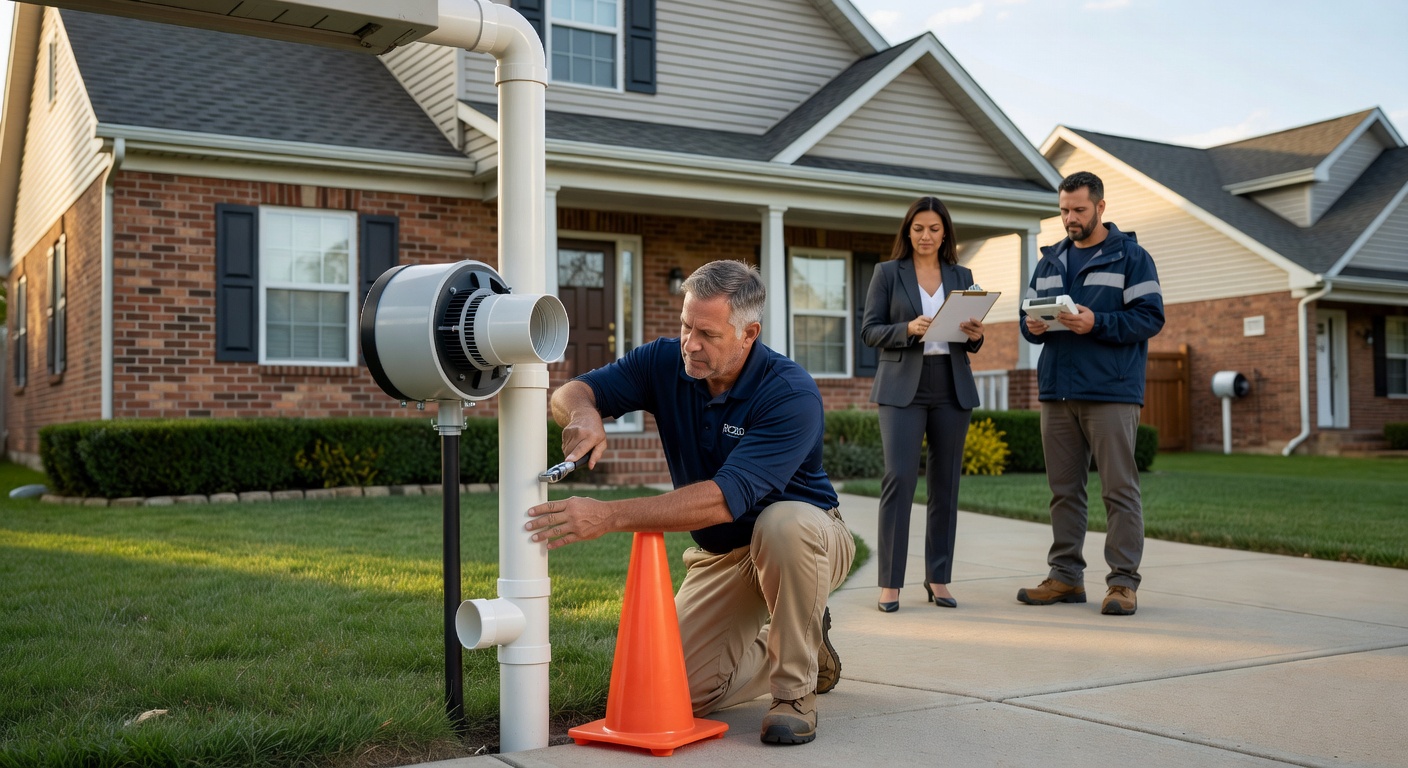 radon mitigation fan exterior pipe suburban home