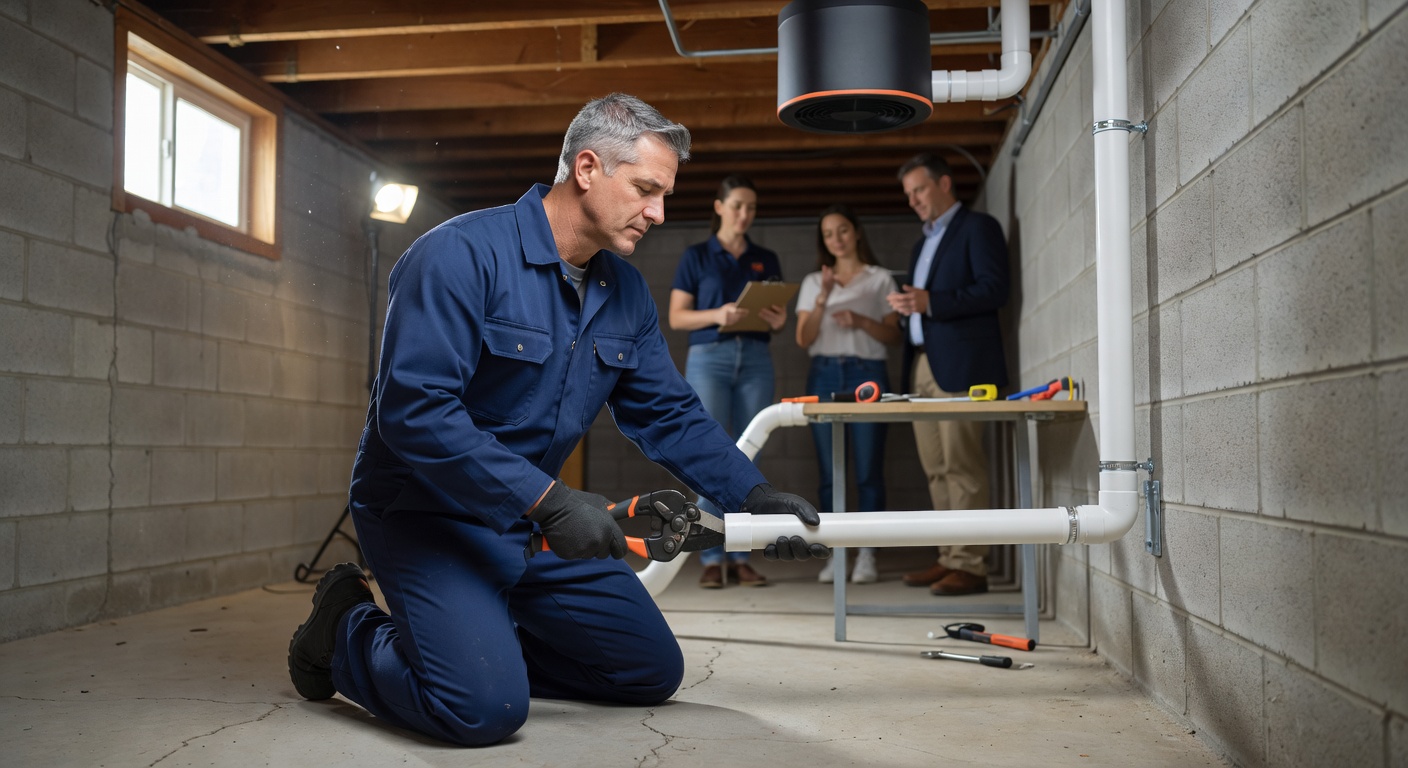 radon mitigation technician installing PVC pipe system